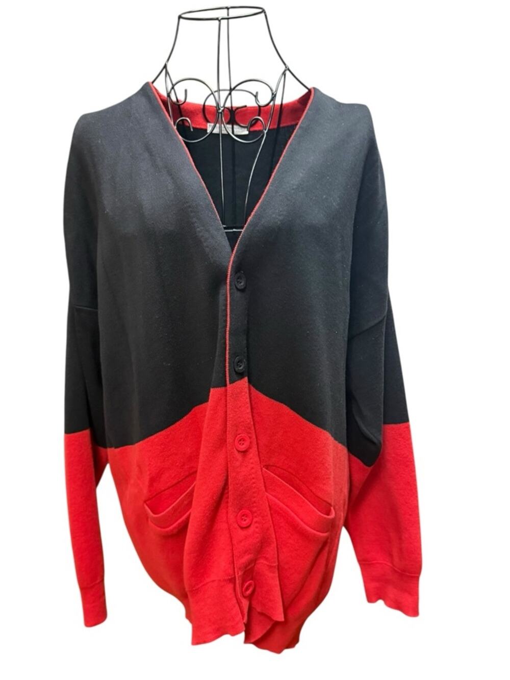 Joan Vass Black and Red Colorblock Button-Up Sweater Cardigan 2 (Large?)